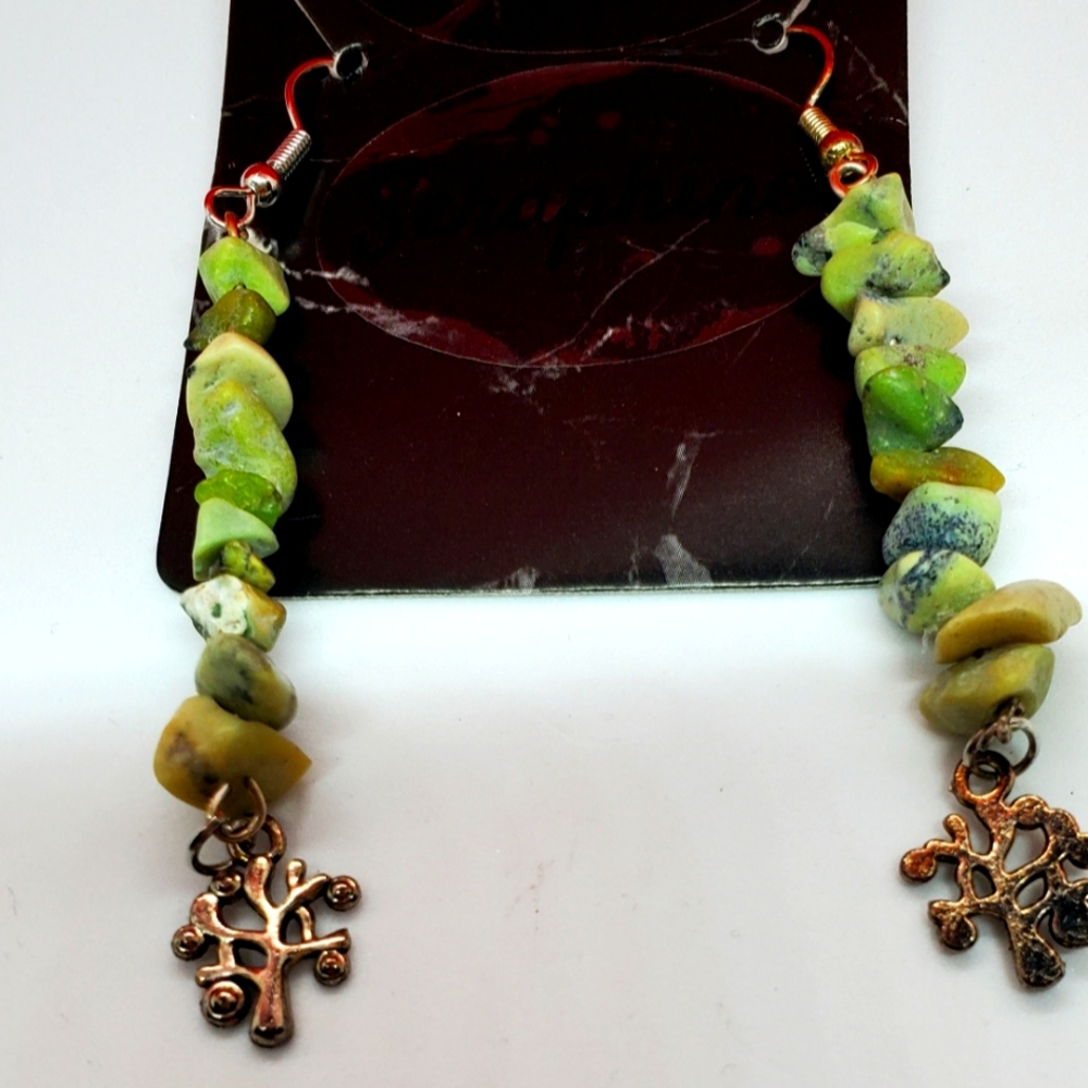 Green Aventurine Stone Chip with Meditation Silver Charm Dangle Earrings